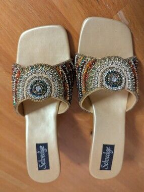 New Stunning Gold Multicolor Beaded Embellished With Stones And Bead Slide Mules